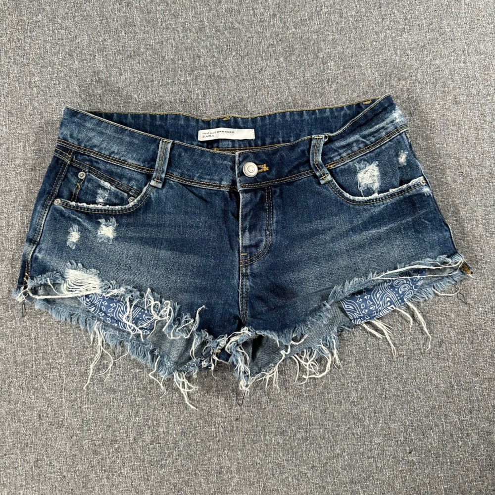 Zara Trafaluc Denim Shorts Womens 4 Blue Distressed Paisley Bandana Low Rise Y2K